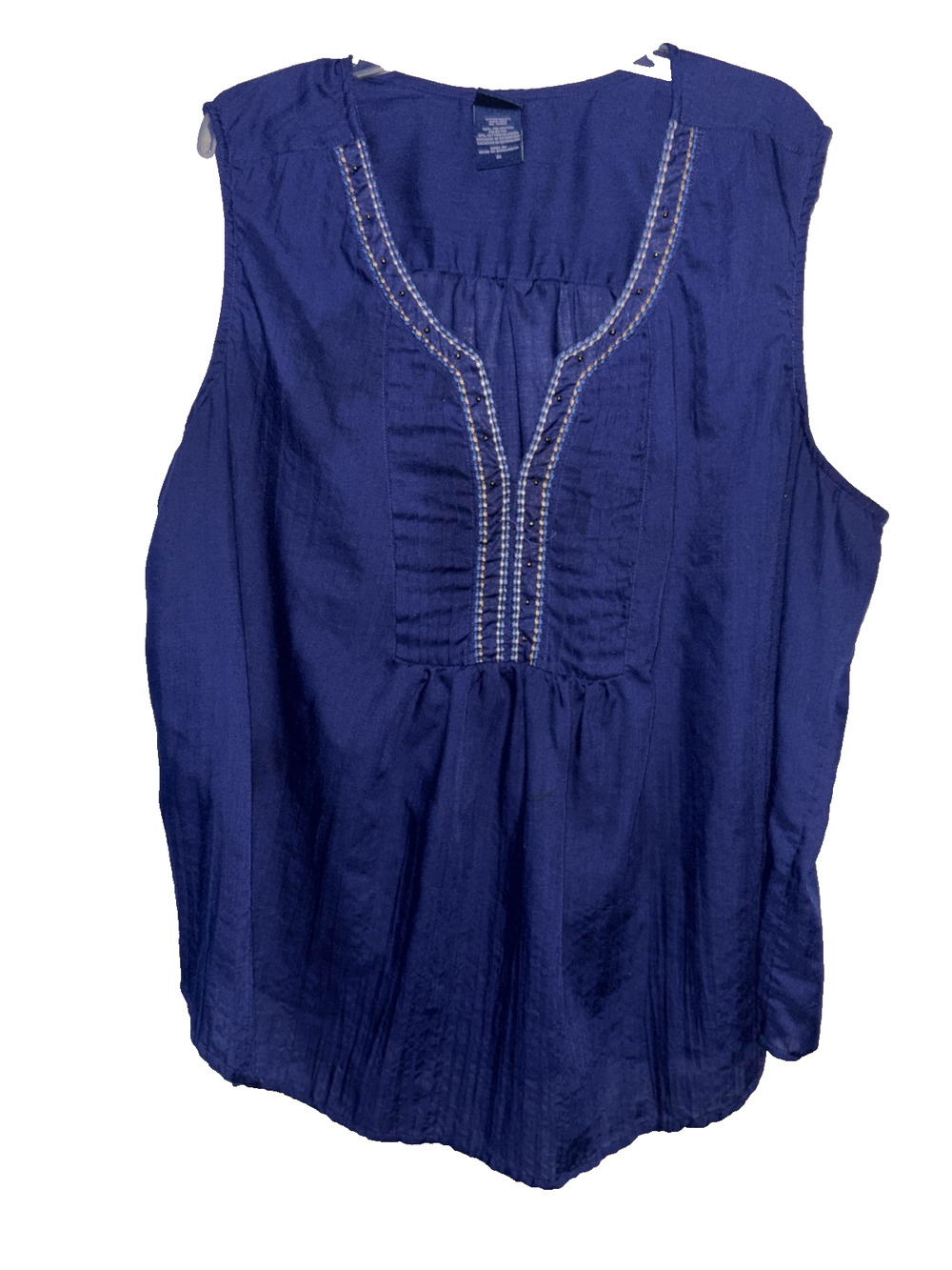 Faded Glory Beaded Embroidered Blouse Top Women 3X Blue Slub Sleeveless V Neck